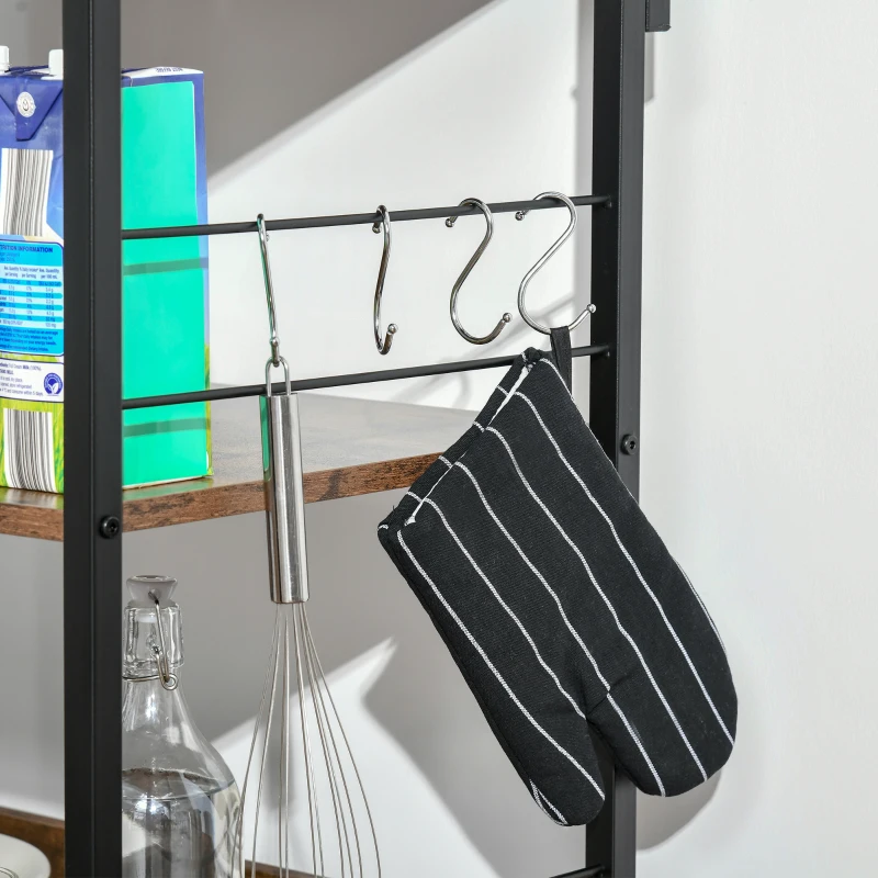 HOMCOM Mobiletto per Microonde a 4 Ripiani e 4 Ganci, Mobile Cucina in Acciaio e Legno 60x40x125cm, Marrone Rustico