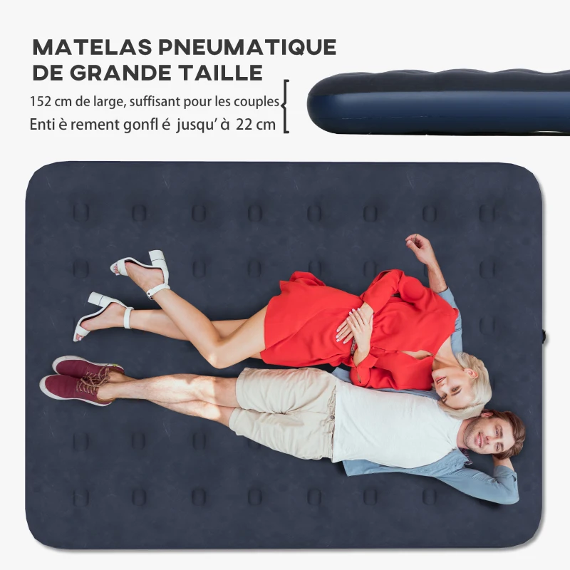 Outsunny Matelas gonflable 2 personnes matelas pneumatique avec pompe à main intégrée, surface floquée, bleu