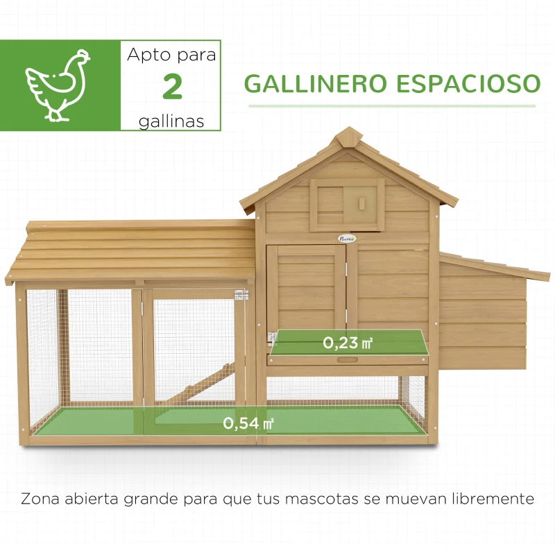 PawHut Gallinero de Madera para Exterior Jaula para 2-3 Gallineras con 2 Corrales de Alambre Techo Abrible Caja Nido Bandeja Extraíble y Rampa 150,5x54x87 cm Natural(m-4)