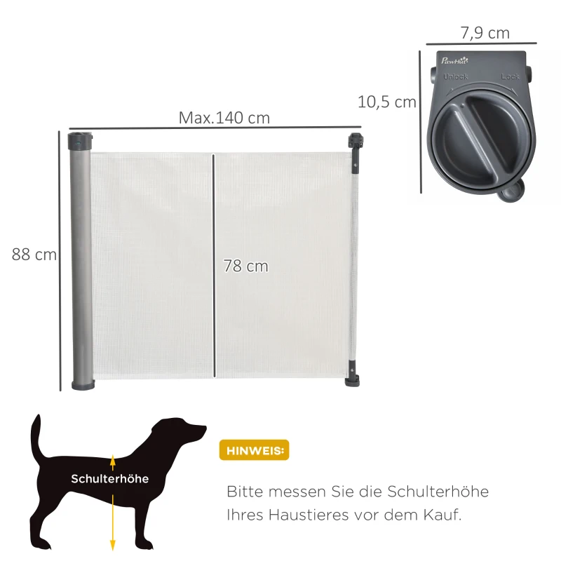 PawHut 140cm Treppenschutzgitter ausziehbar Türschutzgitter Roll einhand-bedienung Türgitter Treppenschutz Absperrgitter für Hund Türschutz Weiß