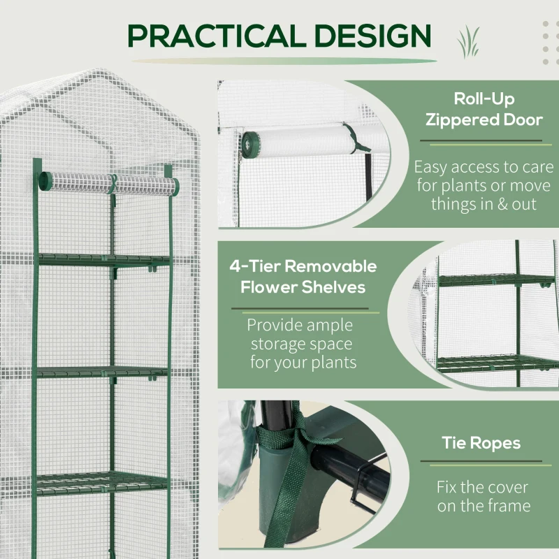 Outsunny 4 Tier Mini Greenhouse, Portable Compact Green House with Steel Frame, PE Cover, Roll-up Door, 70 x 50 x 160 cm, White