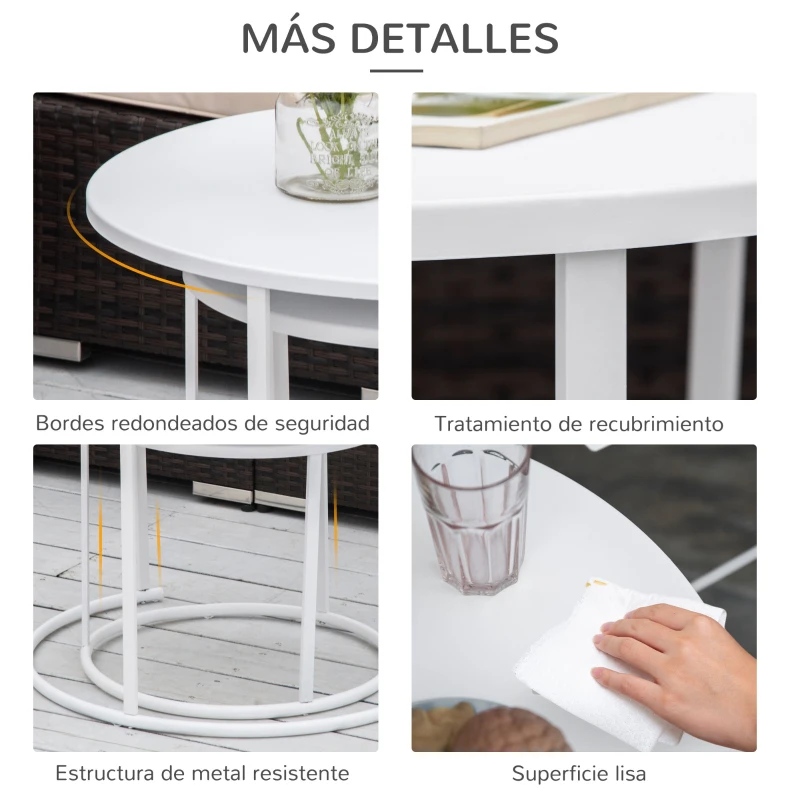 Outsunny Juego de 2 Mesas de Café Ø70x50 cm y Φ50x43 cm Mesitas Auxiliares Redondas de Metal para Jardín Salón Domitorio Carga Máxima de 25 kg Blanco