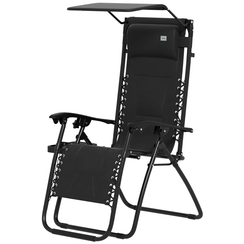 Outsunny Zero Gravity Lounger Chair, Folding Reclining Patio Chair with Shade Cover, Padded Seat, Cup Holder, Soft Cushion and Headrest for Poolside, Camping, Black