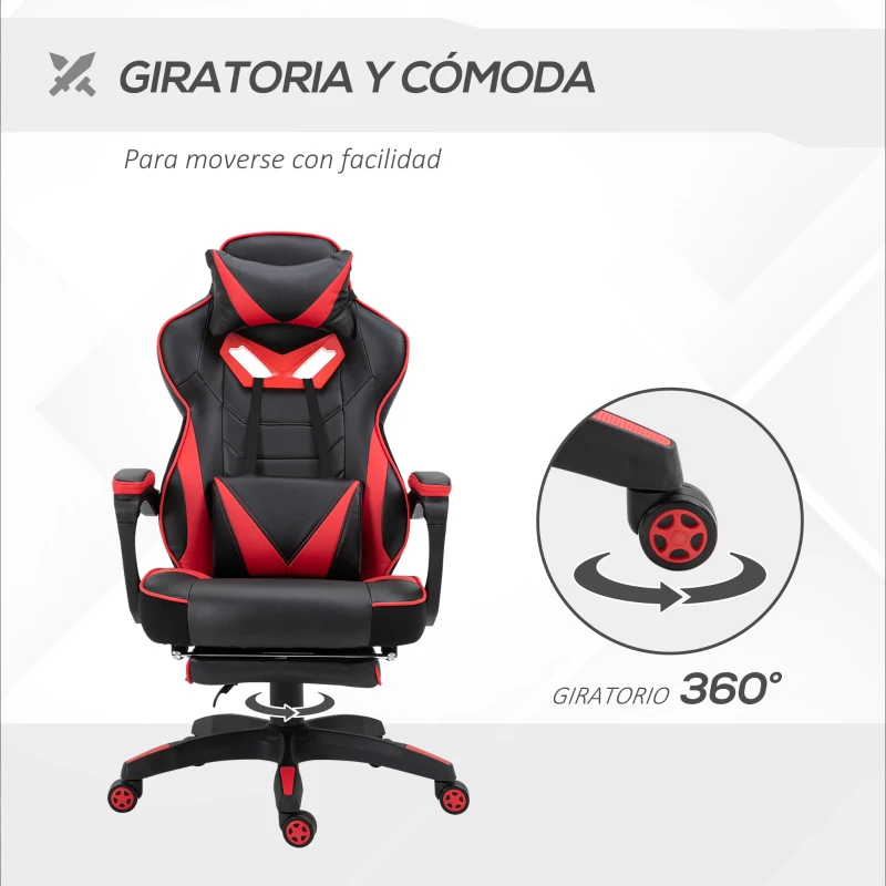 Vinsetto Silla Gaming Ergonómica Silla de Escritorio de Oficina Regulable en Altura Reclinable Respaldo 65x70x118,5-128,5cm Rojo