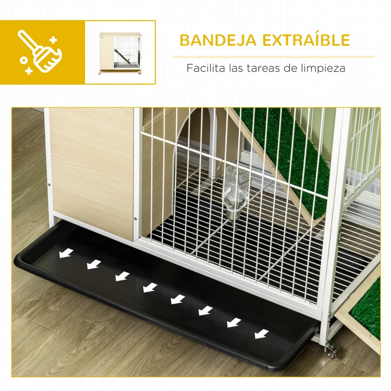PawHut Conejera de Madera con Ruedas de Interior con Techo Abrible Bandeja Extraíble Bebedero y Rampa 78x52,5x76,5 cm Roble