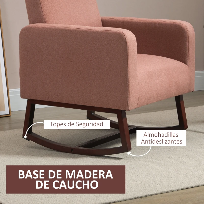 HOMCOM Silla Mecedora Tapizada en Franela Sillón Balancín Relax con Asiento Reposabrazos Acolchados y Pies de Madera de Caucho Ideal Lactancia 72x75x105 cm Rosa