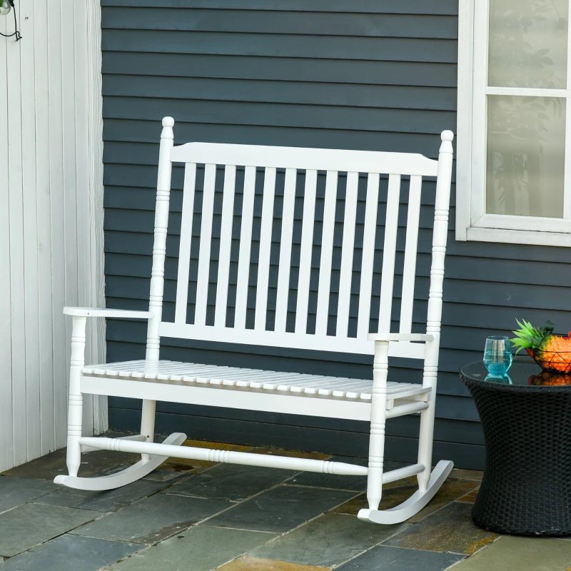 Outsunny Sedia a Dondolo 2 Posti in Legno con Schienale Alto e Braccioli, 117x85x120 cm, Bianco