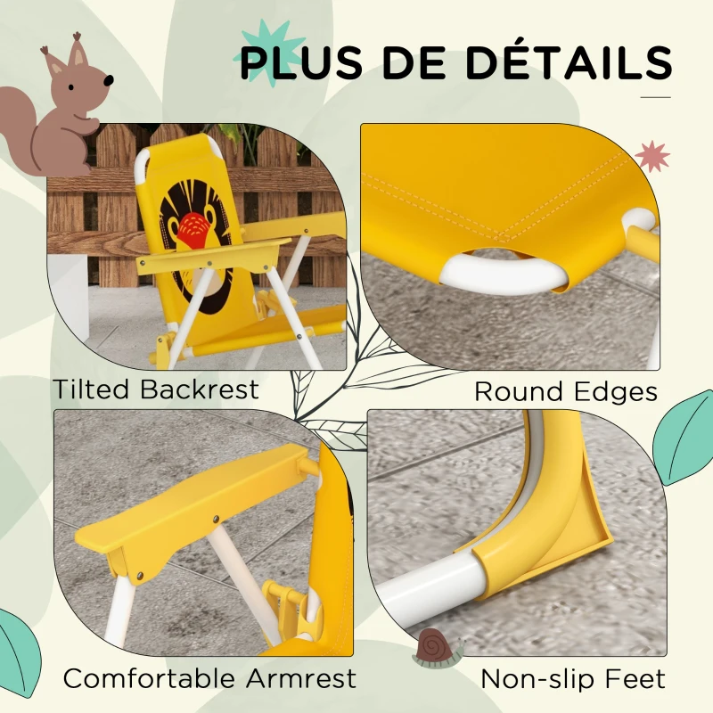 Outsunny Ensemble salon de jardin enfant 4 pièces motif du lion avec parasol réglable Ø 100 cm chaise pliable jaune