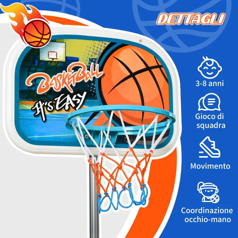 HOMCOM Set Canestro per Bambini Regolabile in Altezza, Palla da Basket, Base e Pompa Gonfiaggio Inclusi 32x65x126-158cm