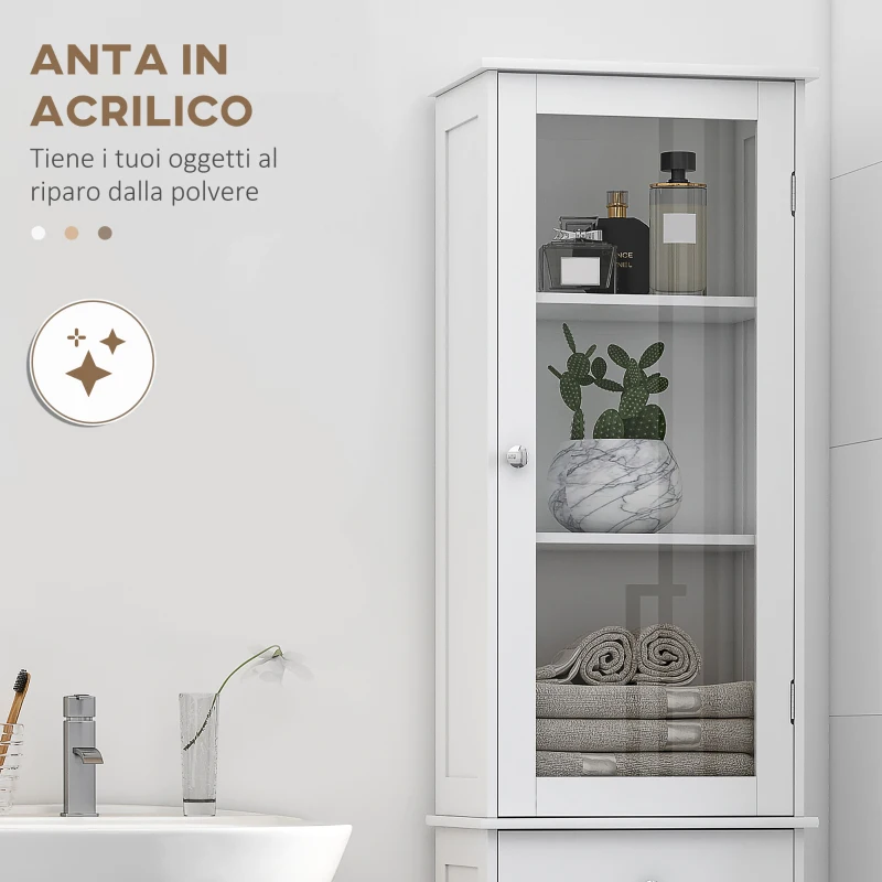 kleankin Mobile Colonna Bagno Salvaspazio con Armadietto, Cassetto e Ripiani in MDF, 40x27x171.5cm, Bianco