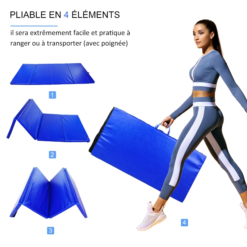 HOMCOM Tapis de sol gymnastique Fitness pliable portable rembourrage mousse 5 cm grand confort revêtement synthétique dim. 2,45L m x 1,15l m bleu