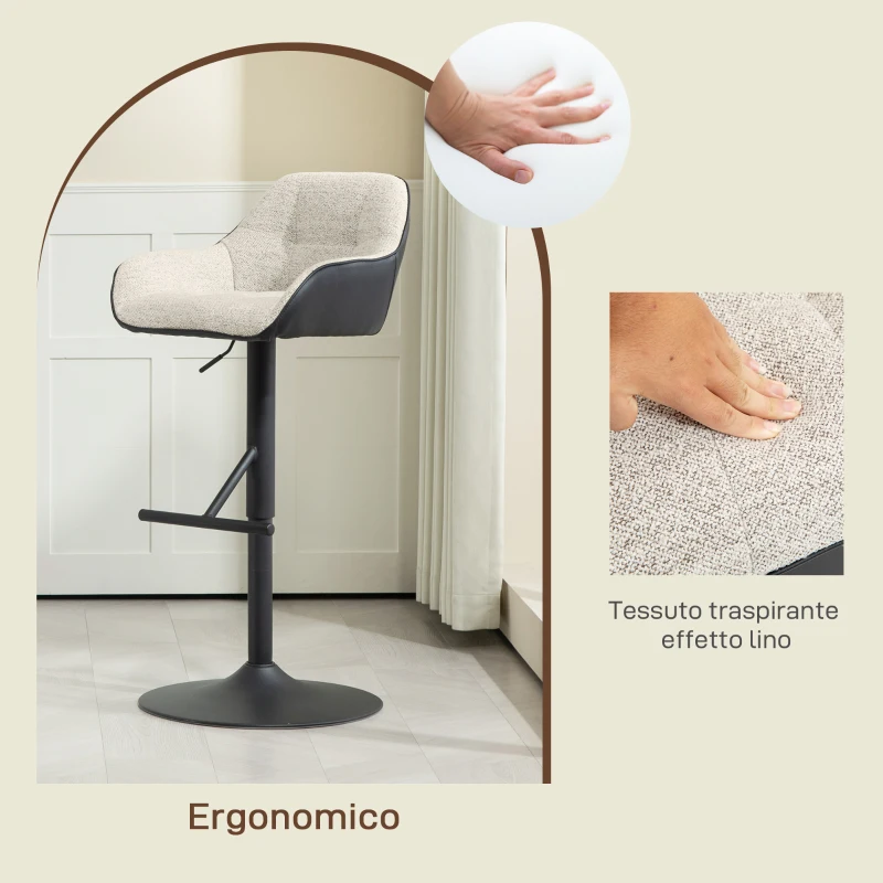 HOMCOM Set 2 Sgabelli Imbottiti ad Altezza Regolabile con Schienale e Braccioli, 52.5x53x86.5-108 cm, Nero Grigio Chiaro