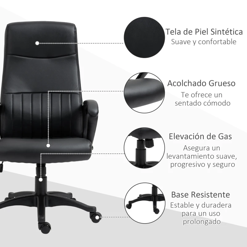 Vinsetto Silla de Oficina Ergonómica Silla de Escritorio Basculante y Giratoria 360° con Altura Ajustable Respaldo Alto y Reposabrazos Piel Sintética 61,5x66x113-123 cm Negro