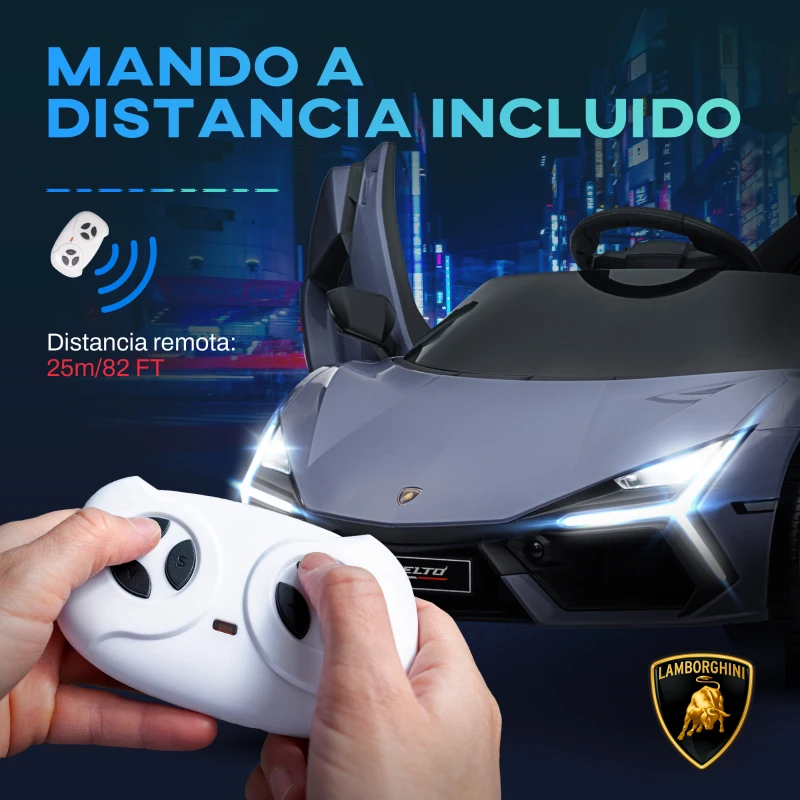 AIYAPLAY Coche Eléctrico para Niños de +3 Años Lamborghini Revuelto con Mando a Distancia Faros LED Bocina Música Gris