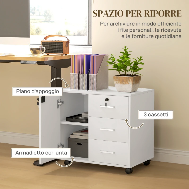 HOMCOM Schedario per Ufficio con 3 Cassetti e Armadietto con 3 Ripiani Regolabili, in Legno, 60x40x56 cm, Bianco