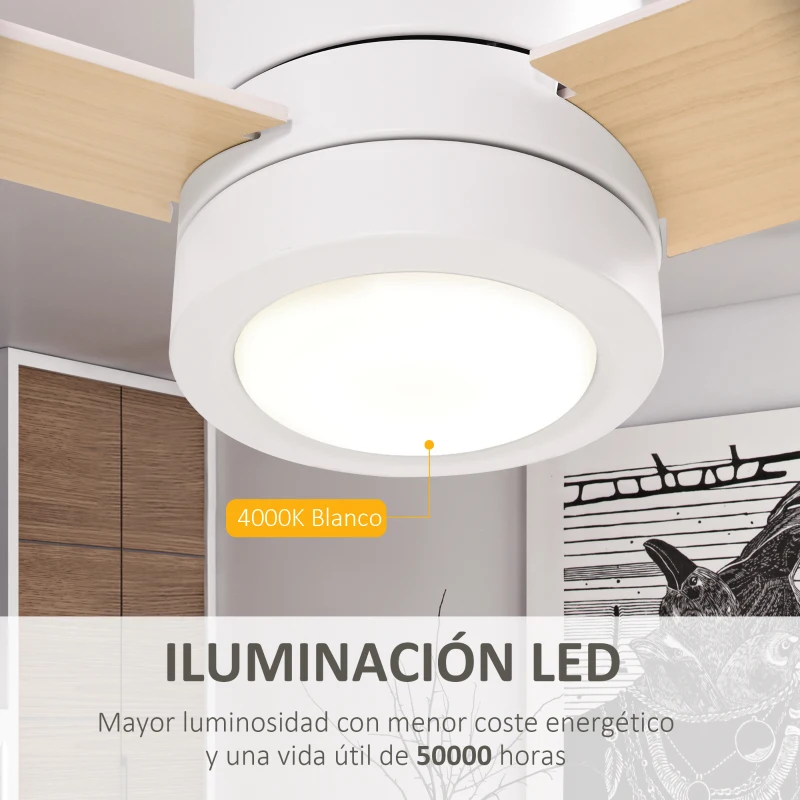 HOMCOM Ventilador de Techo Motor AC 48W con Luz LED Mando a Distancia 3 Velocidades y 3 Aspas de Madera Ø112x25 cm Blanco