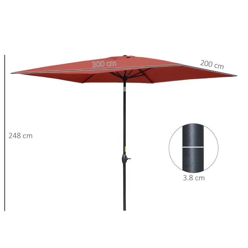 Outsunny 2 x 3(m) Garden Parasol Umbrella, Rectangular Outdoor Market Umbrella Sun Shade with Crank & Push Button Tilt, 6 Ribs, Aluminium Pole, Wine Red