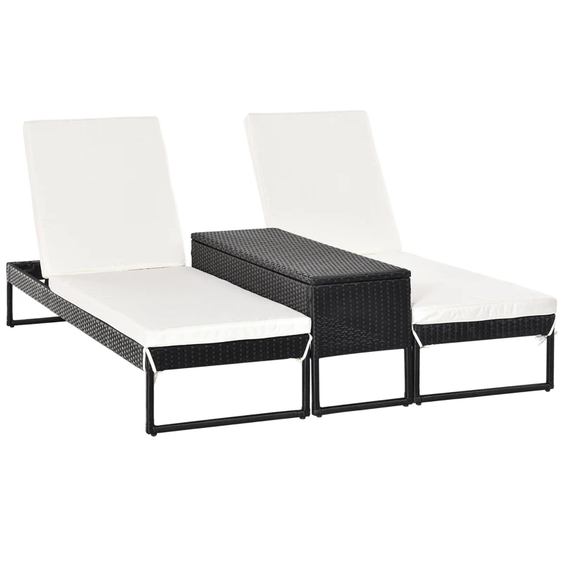 Outsunny dreiteiliges Set Sonnenliege mit verstellbarer Rücklehne Garten Liege Teetisch Flammhemmende Polsterung Metall PE-Rattan Polyester Schwarz+Cremeweiß 195 x 60 x 86 cm