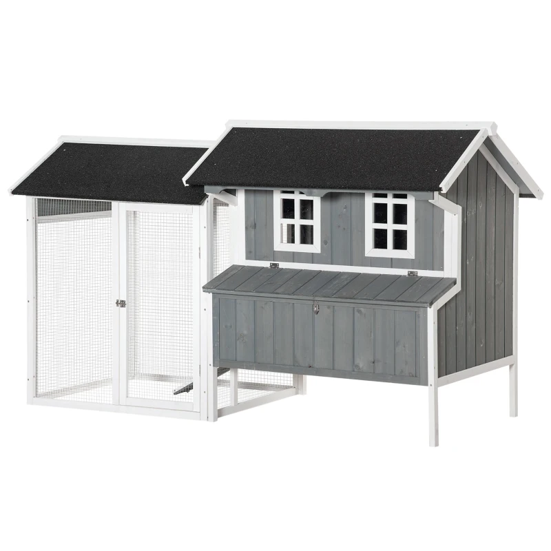 PawHut Gallinero de Madera Exterior Jaula para 2-3 Gallinas con Corral de Alambre Nido Techo Asfáltico Bandeja Extraíble 2 Perchas y Rampa 209,5x96x123 cm Gris Azulado