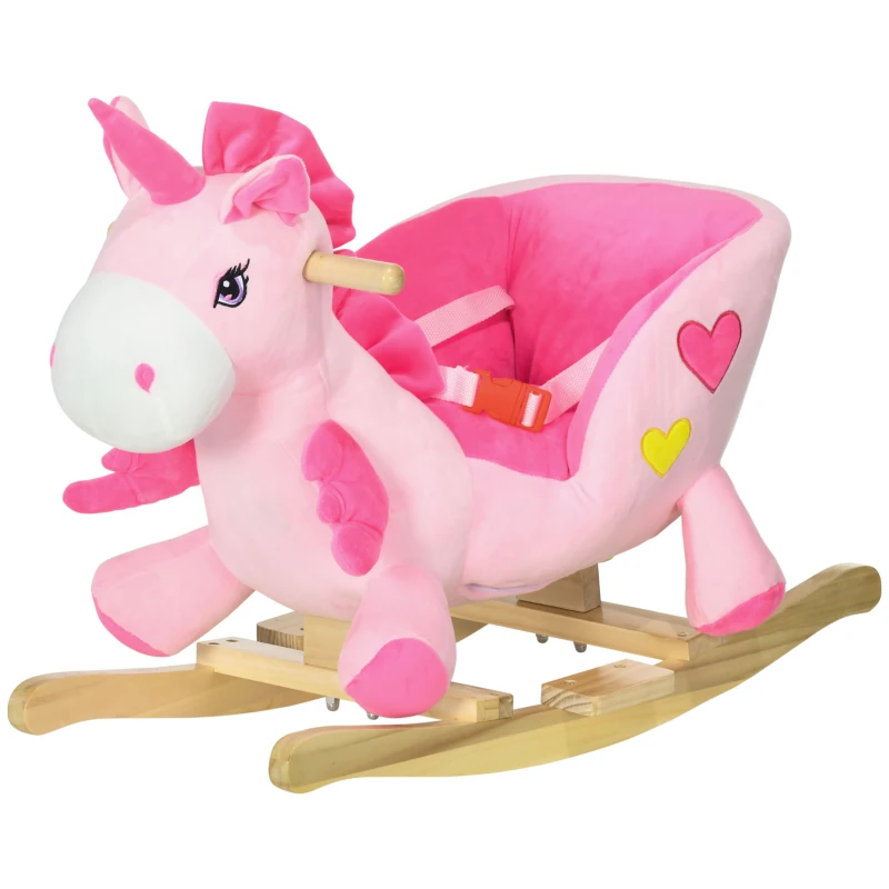 HOMCOM Cavallo a Dondolo Unicorno con 32 Canzoni, Base in Legno e Cintura di Sicurezza, Età 18-36 Mesi, Rosa