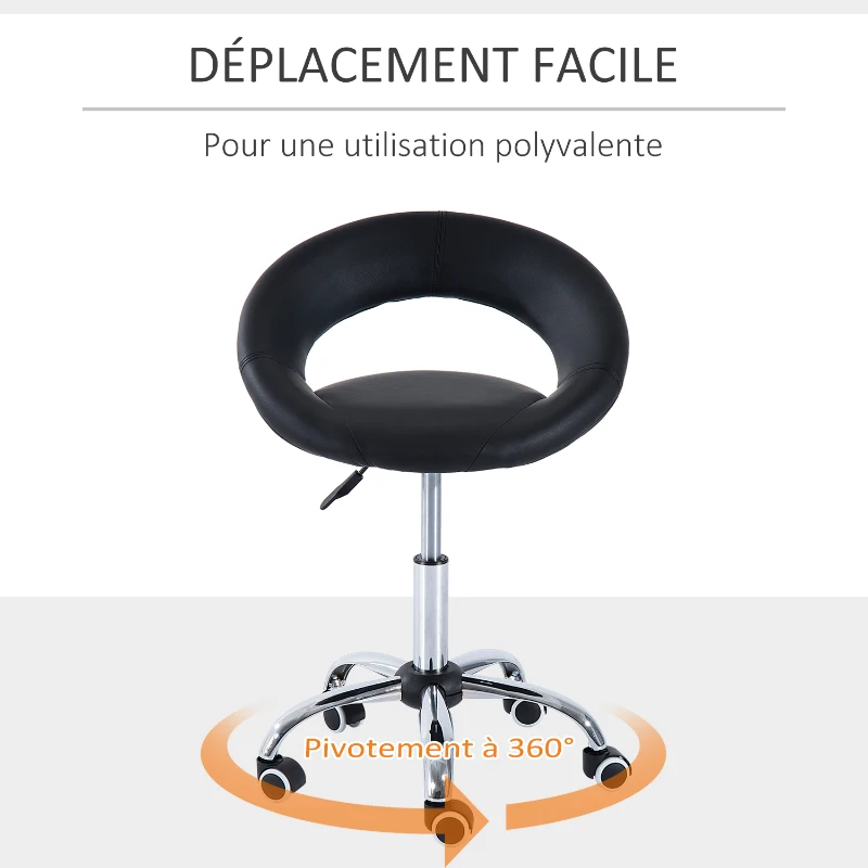HOMCOM Tabouret à roulettes tabouret de massage pivotant 360° hauteur réglable similicuir noir