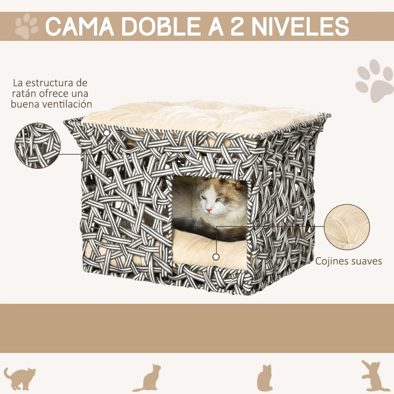 PawHut Cesta de Ratán para Gatos de 2 Pisos Cueva Cama de Gato Tipo Caseta con 2 Cojines Suaves Estructura de Metal 51x42x37 cm Gris y Beige