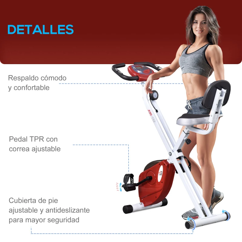 HOMCOM Bicicleta Estática Plegable con Resistencia Magnética Asiento con Altura Ajustable y Pulsómetro 43x97x109 cm Rojo(m-8)