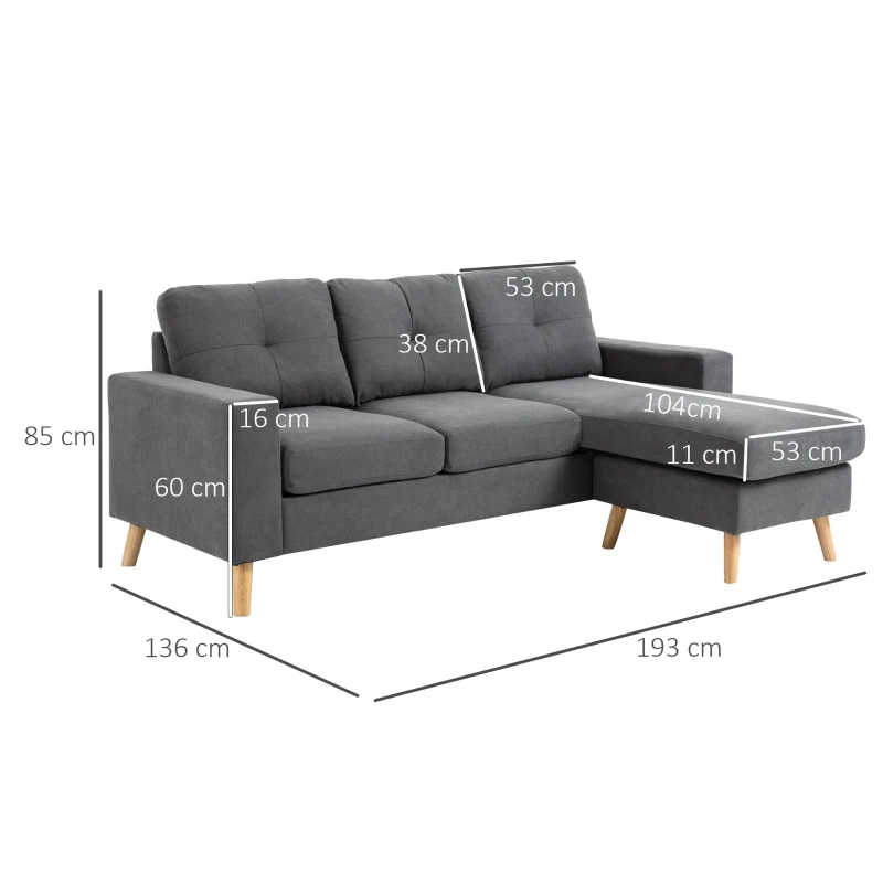 HOMCOM Ecksofa im Skandidesign, mit Knopfheftung, Massivholz, Leinenoptik, Grau