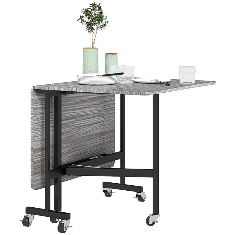 HOMCOM Six-Seater Drop-Leaf Dining Table, with Wheels - Grey Wood-Effect