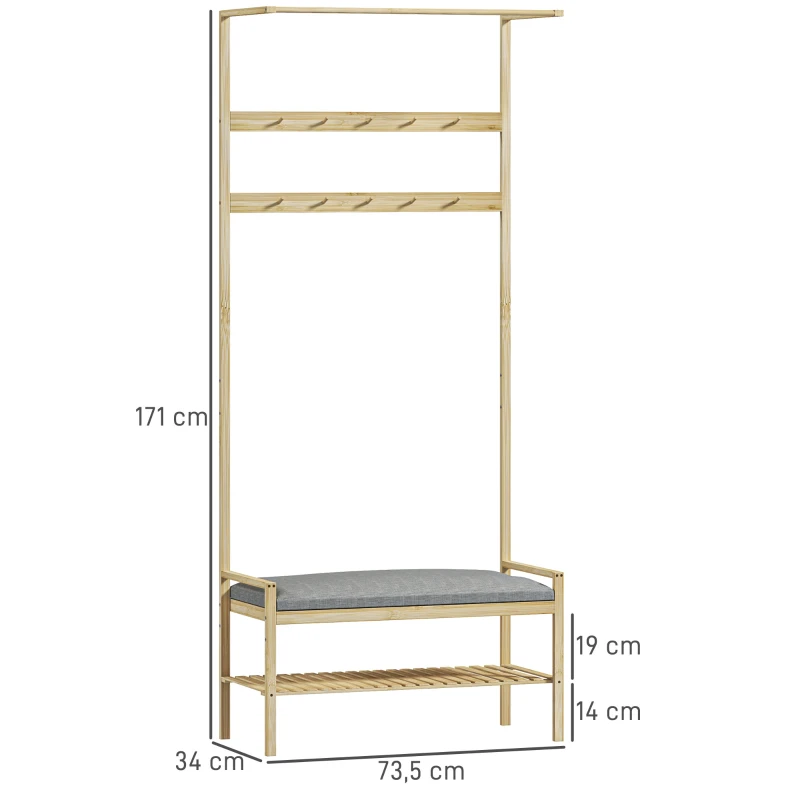 HOMCOM Kapstok met Schoenenbank, Kledingstang, 10 Kledinghaken, Schoenenrek, Bamboe