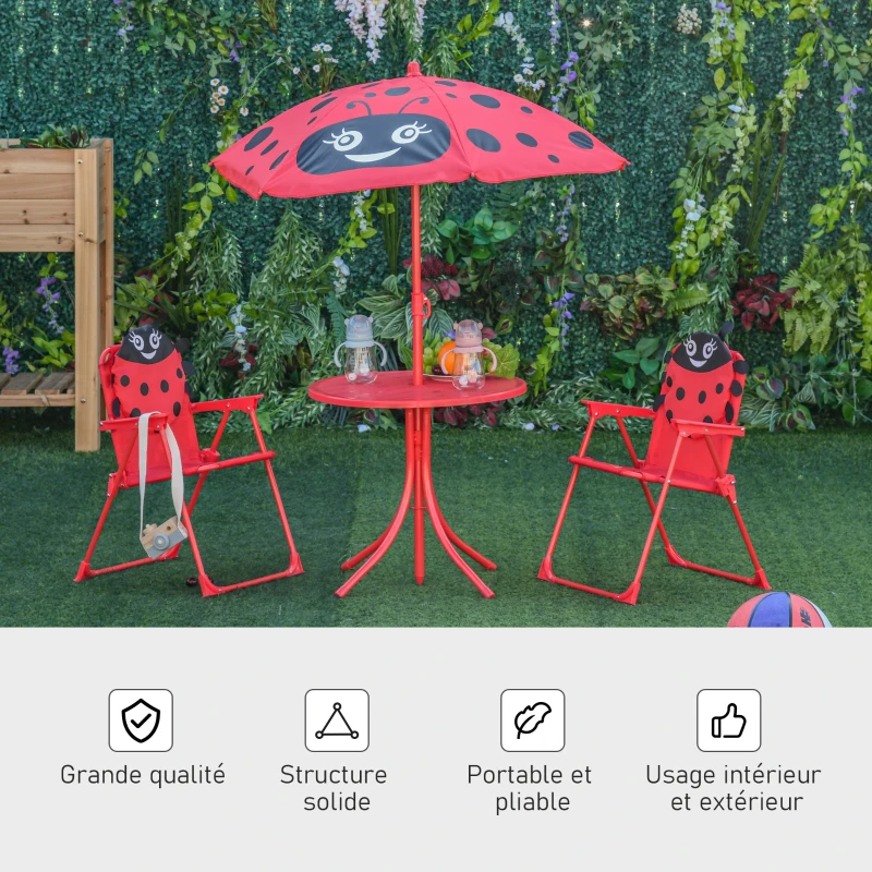 Outsunny Ensemble Salon de Jardin Enfant 4 pcs Design Coccinelle - Table Ronde + 2 chaises Pliables + Parasol - métal époxy Oxford Rouge