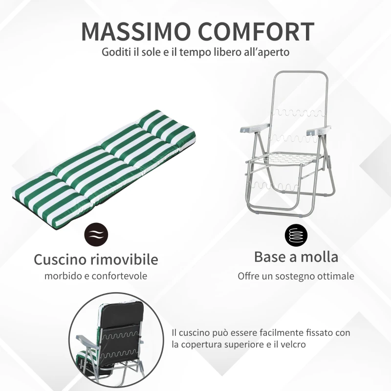 Outsunny Sedia Sdraio da Spiaggia da 2 Pezzi Pieghevole e Reclinabile, Lettini Prendisole da Giardino con Cuscino Imbottito, Verde e Bianco