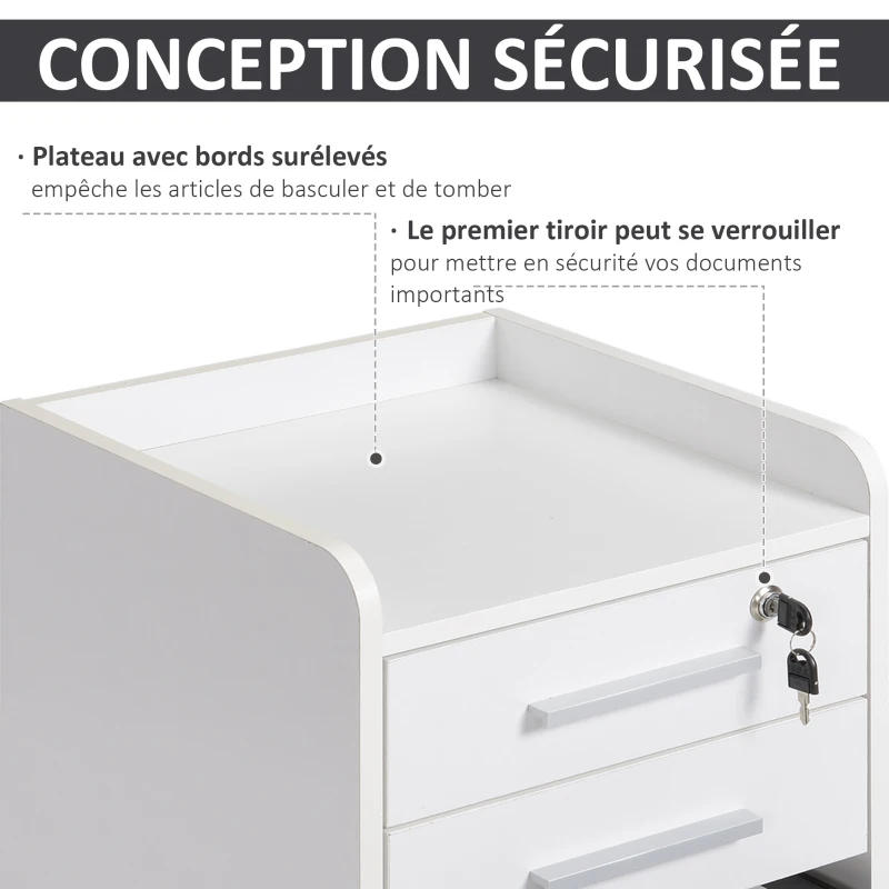 HOMCOM Caisson de bureau rangement bureau sur roulettes 3 tiroirs 1 verrouillable 1 trieur dossiers en bois blanc