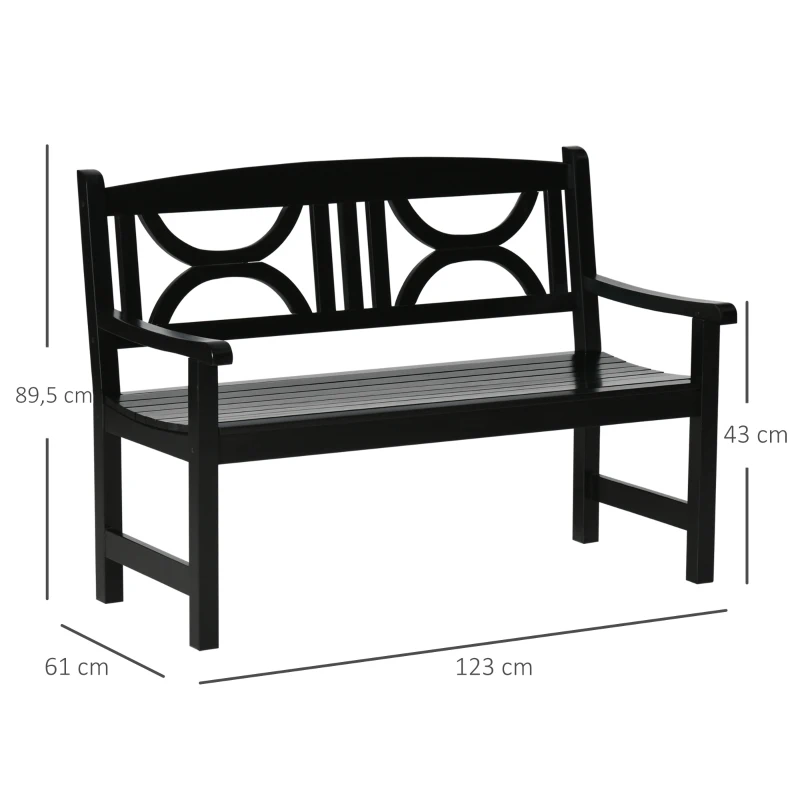 Outsunny Banc de jardin 2 places banquette extérieur terrasse patio dossier haut assise à lattes accoudoirs confortables bois de peuplier 123 x 61 x 89,5 cm noir
