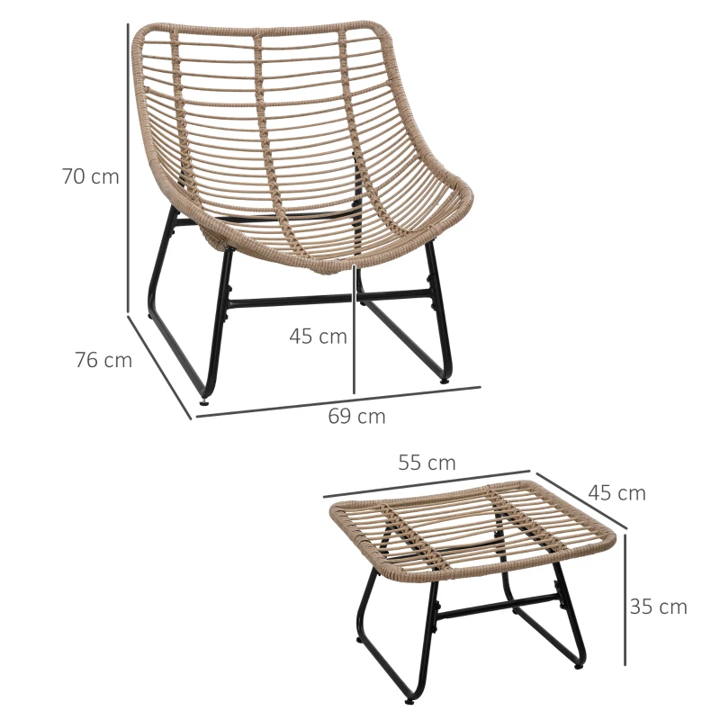 Outsunny Fauteuil chaise de jardin avec repose-pieds en métal époxy et résine tressée aspect rotin avec coussins moelleux - naturel