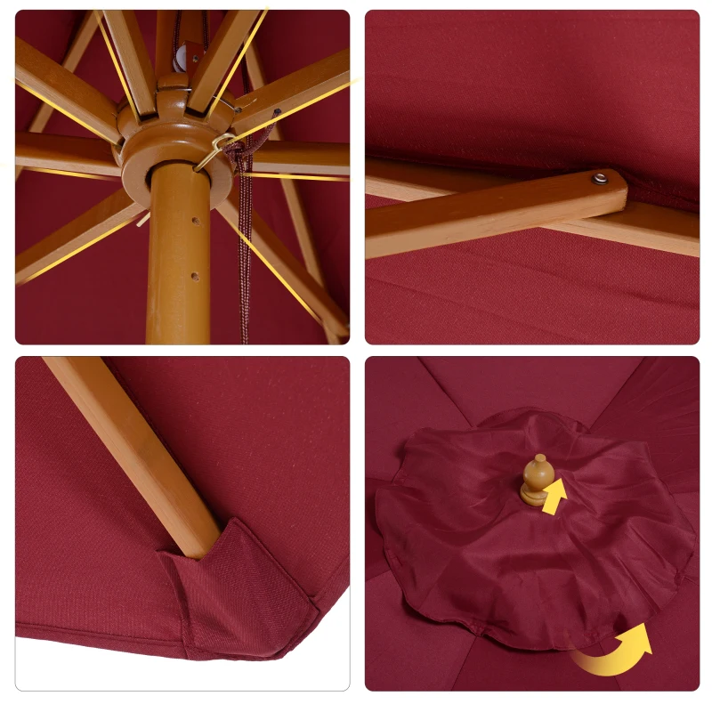 Outsunny Parasol de jardin extérieur parasol droit double toit en bois polyester haute densité protection solaire Ø 3 x 2,5 m rouge