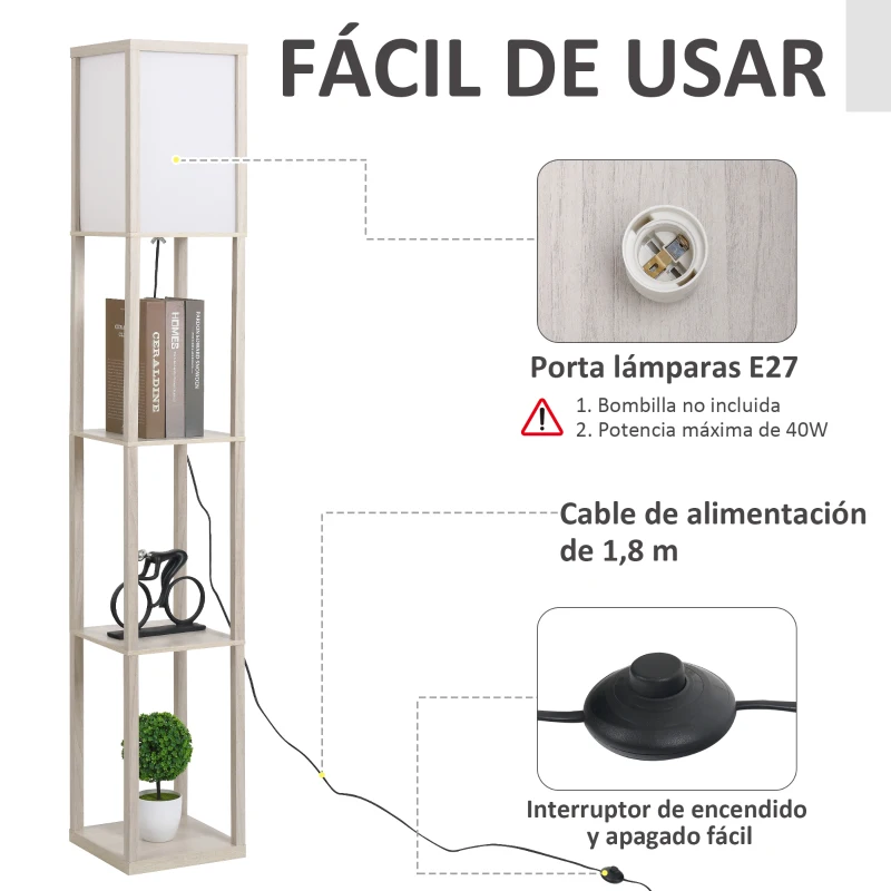 HOMCOM Lámpara de Pie con Estantes de Almacenaje, Lámpara de Madera Moderna, Bombilla E27, para Salón, Dormitorio, Oficina, Roble