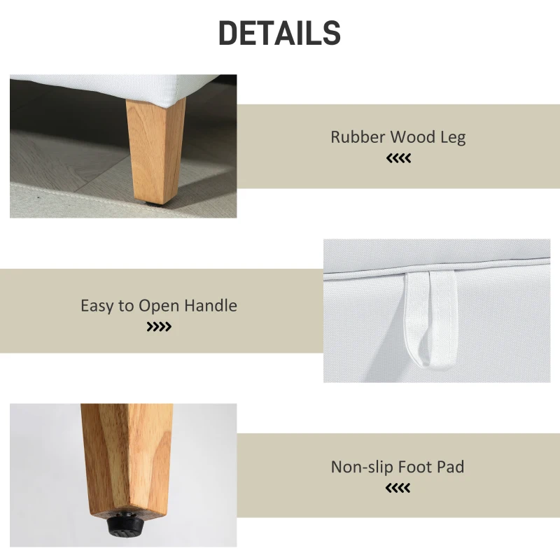 HOMCOM 30L Linen Storage Ottoman Padded Footstool with Rubberwood Legs for Storage Box, Bed End, Shoe Bench, Seating, Cream White