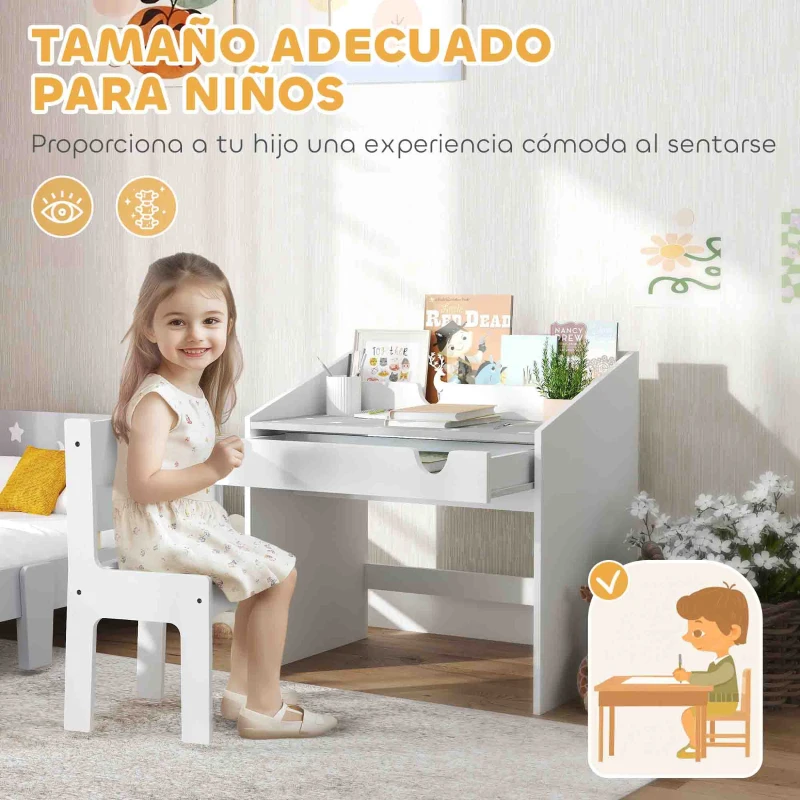 AIYAPLAY Juego de Escritorio y Silla para Niños de +3 Años con Cajón Extraíble y Compartimento Gris y Blanco