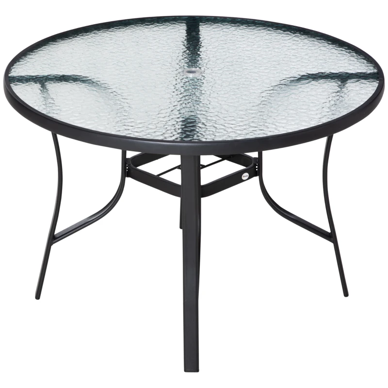 Outsunny Tavolo da Giardino Rotondo con Foro per Ombrellone in Acciaio e Vetro, Ф106.5x71cm, Nero
