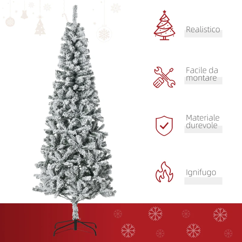 HOMCOM Albero di Natale Slim Artificiale 210 cm con Rami Realistici, Albero di Natale Innevato Alto e Stretto con Base Pieghevole, Verde