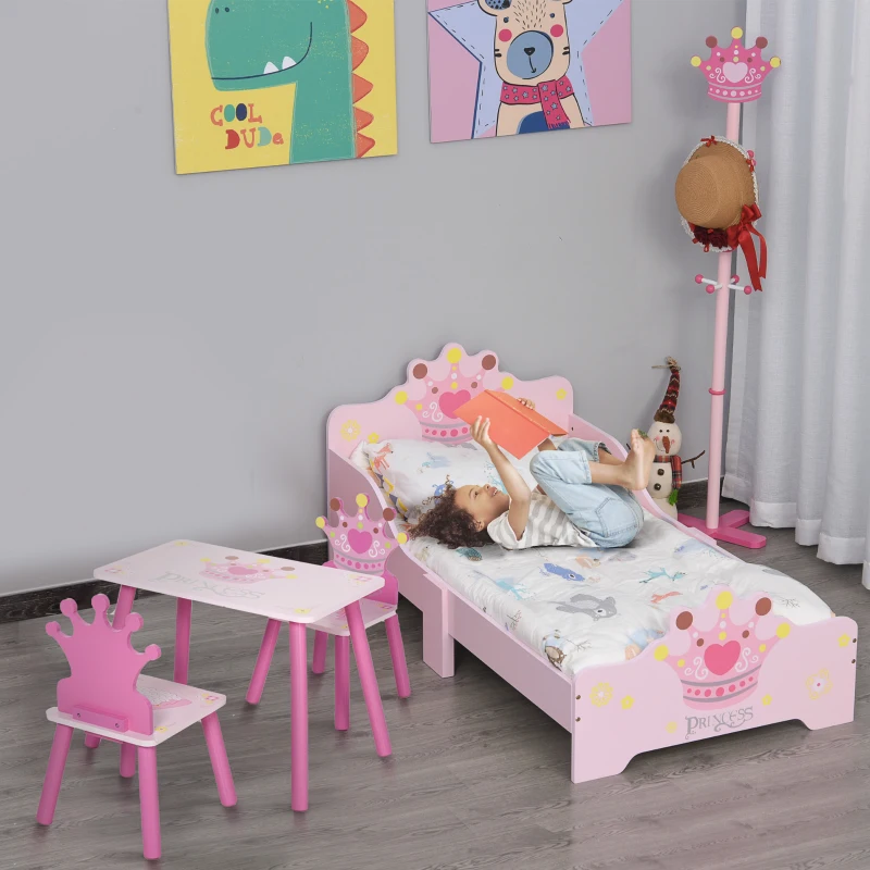 HOMCOM Lit Enfant et Ensemble table et chaises enfant - Design Princesse Motif Couronne - sommier à Lattes Inclus - Rose