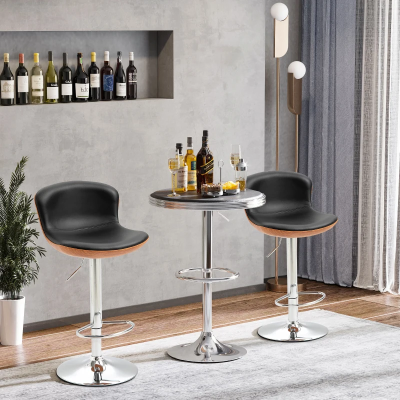 HOMCOM Lot de 2 Tabouret de Bar Design Contemporain Hauteur d'assise réglable 64-85 cm pivotant 360° revêtement synthétique Noir Imitation Bois