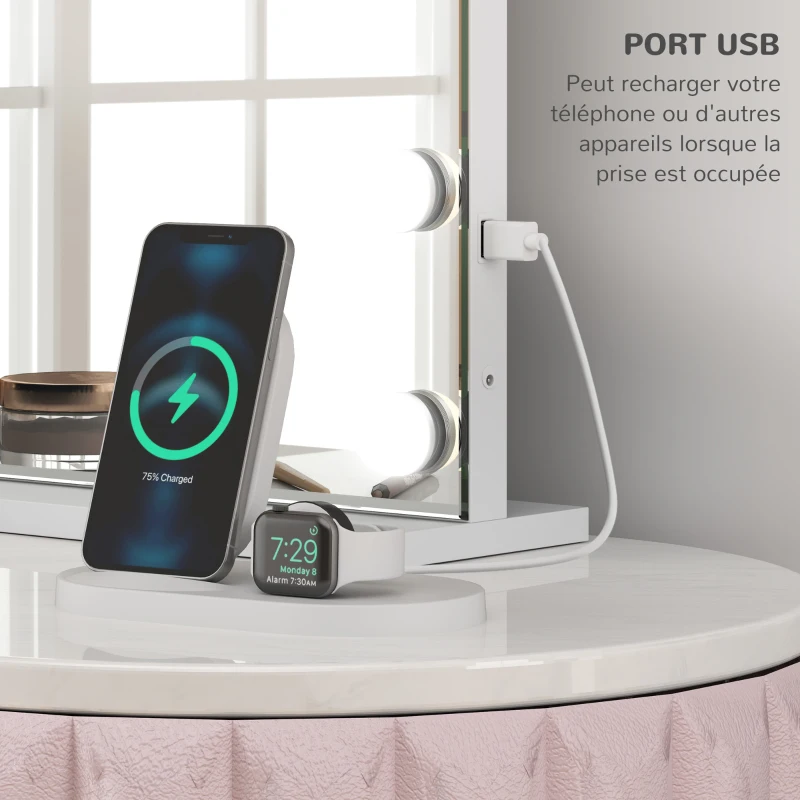 HOMCOM Miroir maquillage lumineux LED intensité réglable miroir grossissant port de charge USB, 80 x 62 cm