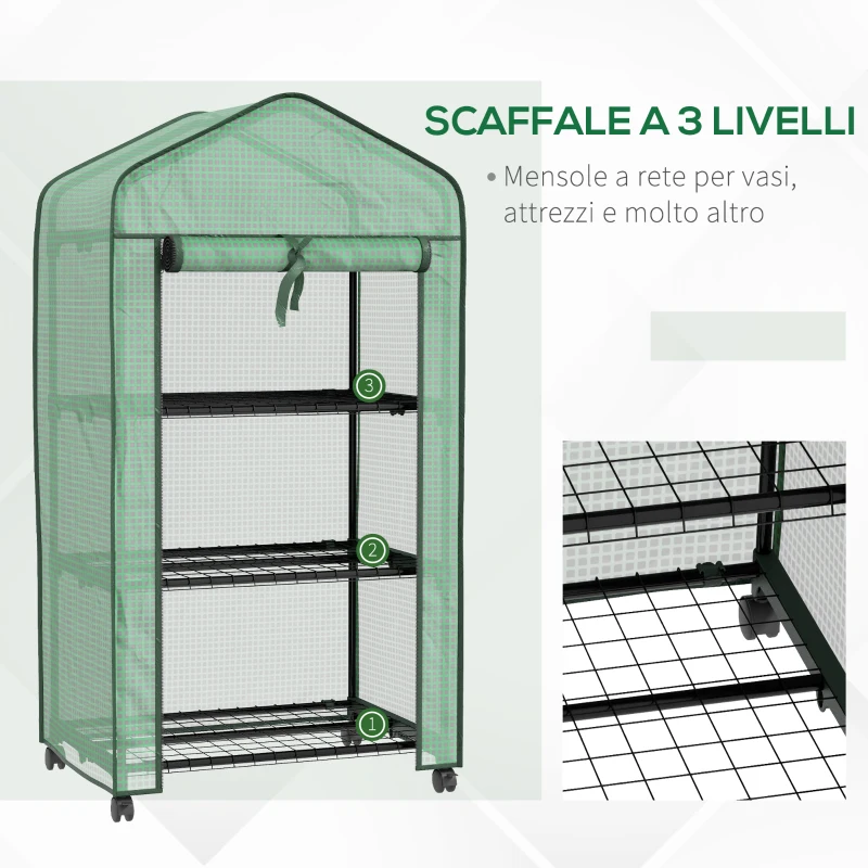 Outsunny Mini Serra da Giardino con Copertura in PE, 3 Ripiani e Ruote, 69x49x130cm, Verde