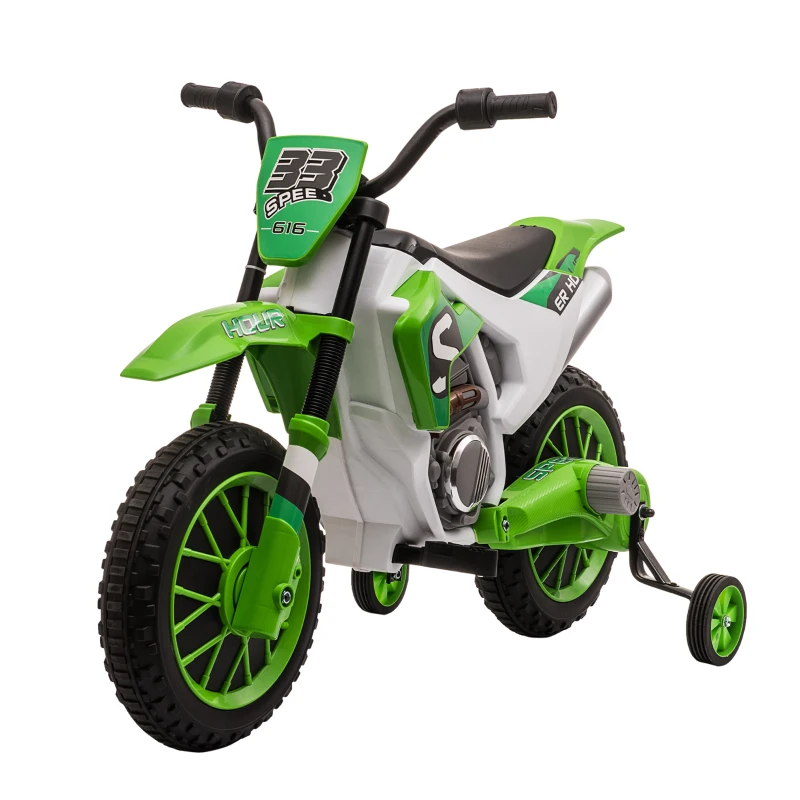 HOMCOM Moto Cross électrique pour Enfant 3 à 5 Ans 12 V 3-8 Km/h avec roulettes latérales Amovibles dim. 106,5L x 51,5l x 68H cm Vert(m-10)