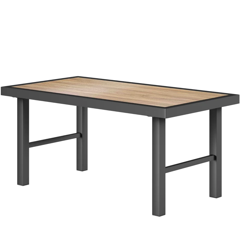 Outsunny Metal Garden Coffee Table, Outdoor Side Table with SPC Woodgrain Tabletop for Outside, Garden, Balcony, Porch, 100 x 53 x 46cm, Brown Wood Effect