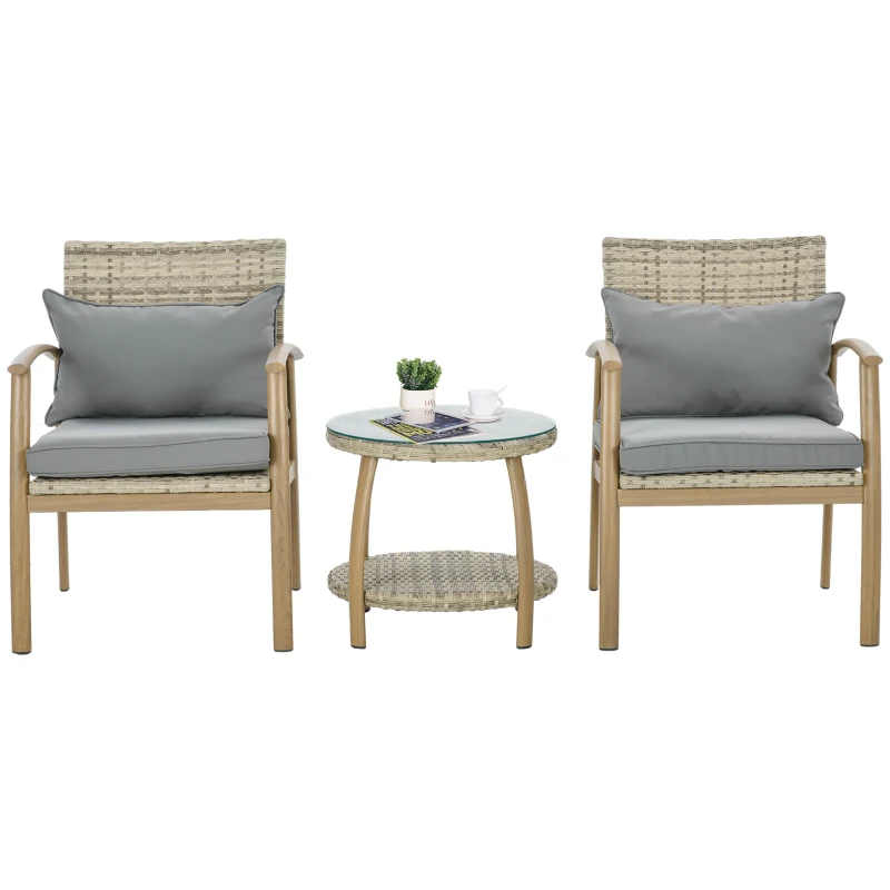 Outsunny Salotto da Giardino in Rattan con 2 Poltroncine con Cuscini e Tavolino in Vetro, Marrone e Grigio