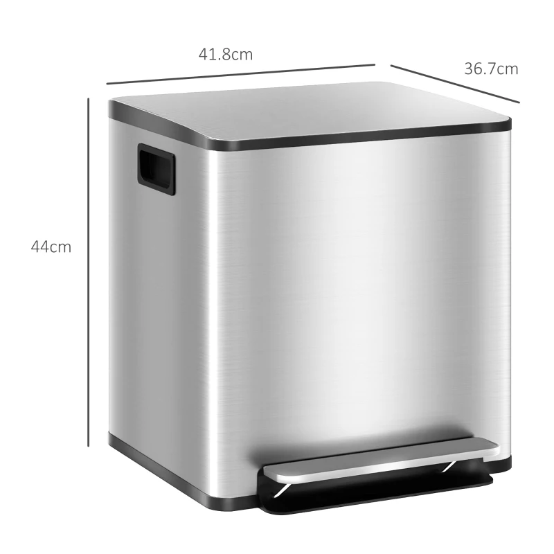 HOMCOM Bidone Immondizia a 2 Sezioni da 15L a Pedale con Coperchio Silenzioso, in Acciaio Inox e PP, 41.8x36.7x44 cm