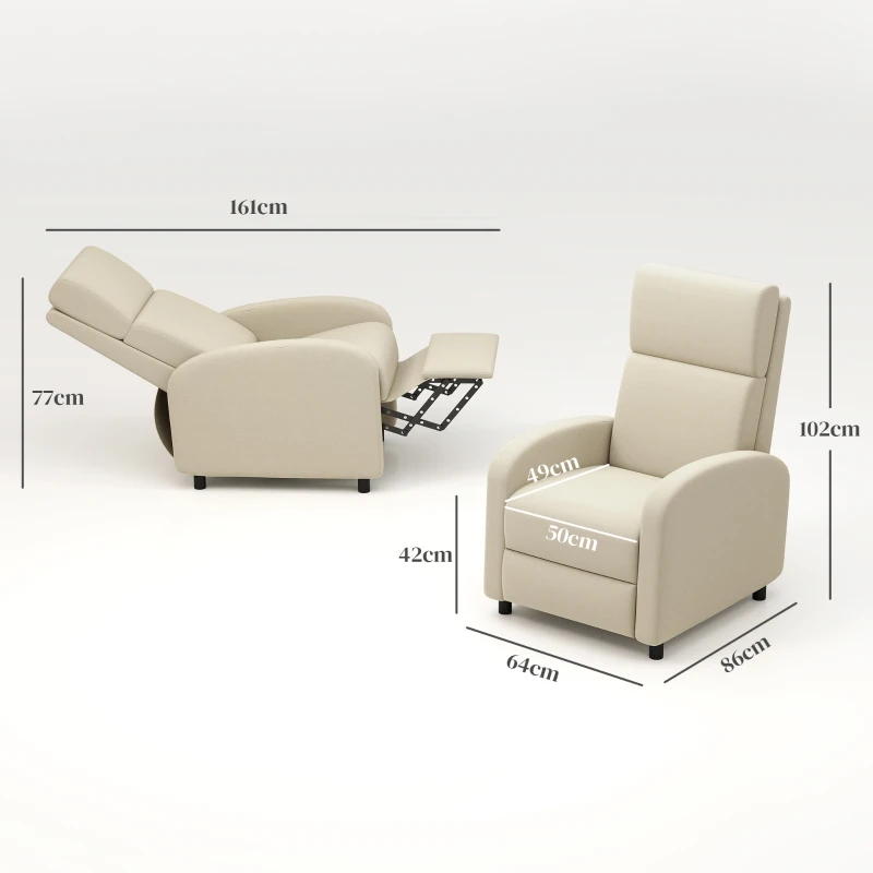 HOMCOM Sillón Relax Reclinable hasta 160° Sofá Reclinable Moderno con Reposapiés Soporta hasta 120 kg 64x86x102 cm Crema(m-3)